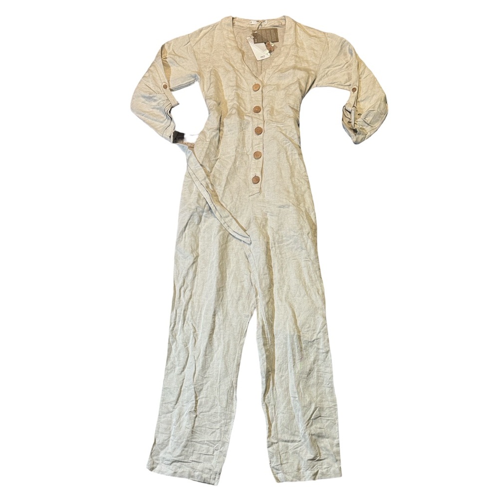 NWT MNG Mango womens 4 beige solid linen blue button up jumpsuit NWT